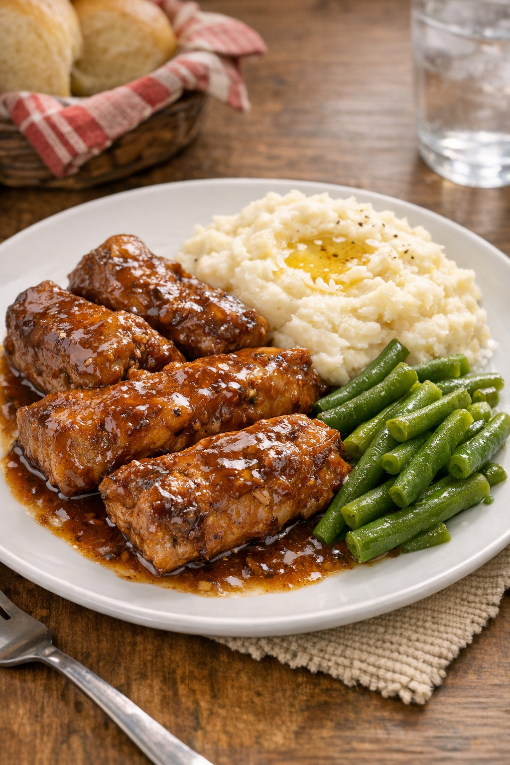 Finished country-style ribs plated with sauce