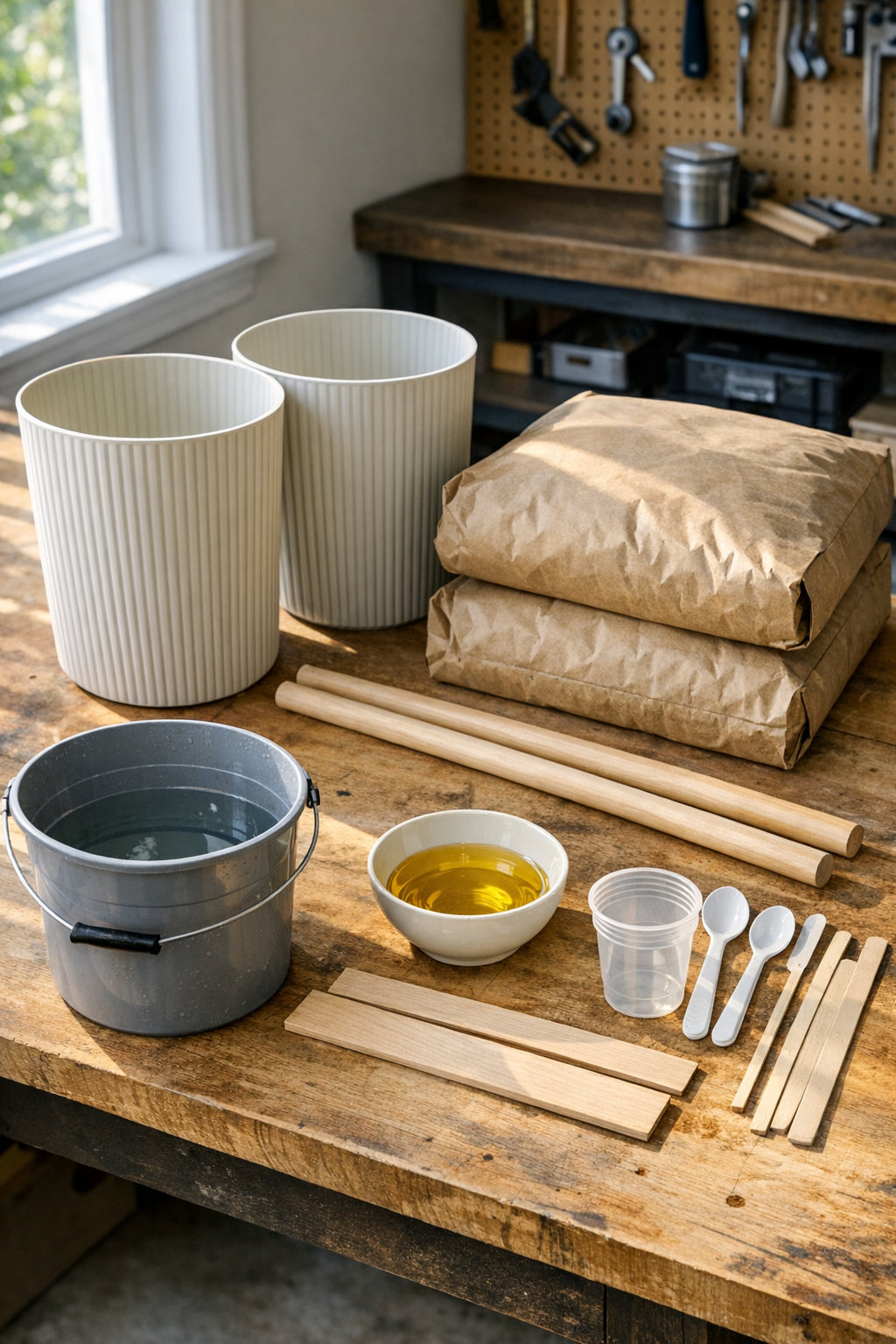 Materials for making cement garden pillars laid out on a work surface