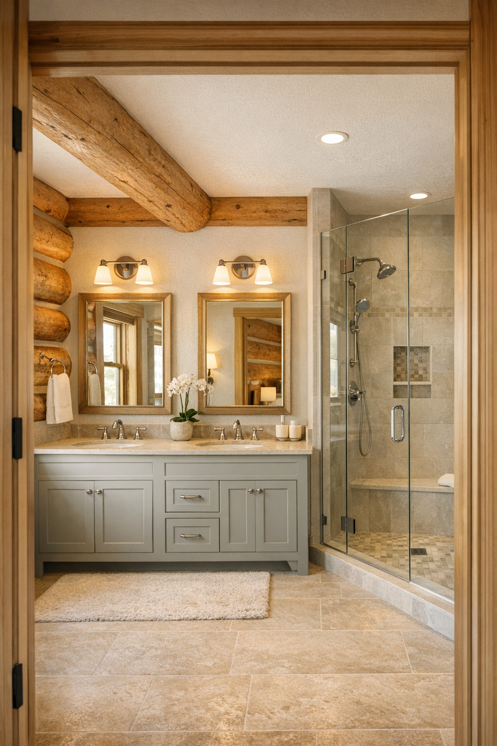 Bathroom with painted vanity, pale stone surfaces, and glass shower