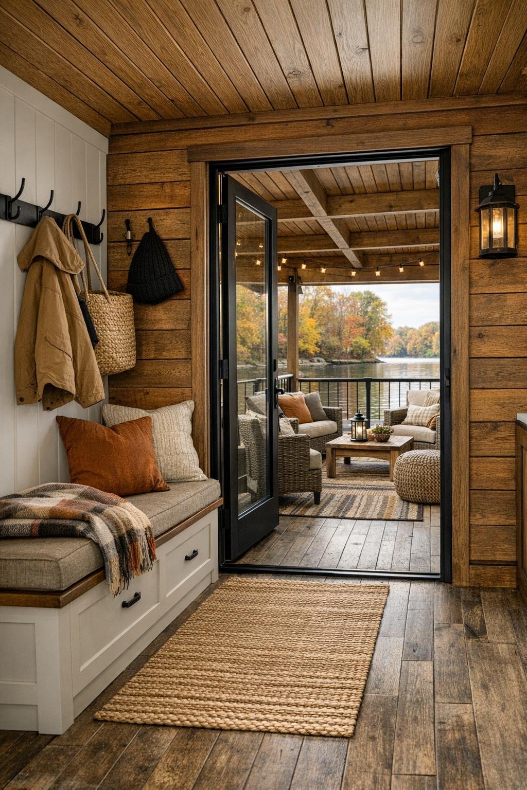 Houseboat entry and covered deck with built-in storage bench and cozy seating