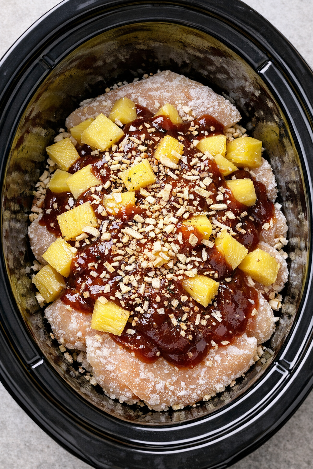 Chicken topped with pineapple, barbecue sauce, and onion soup mix in slow cooker