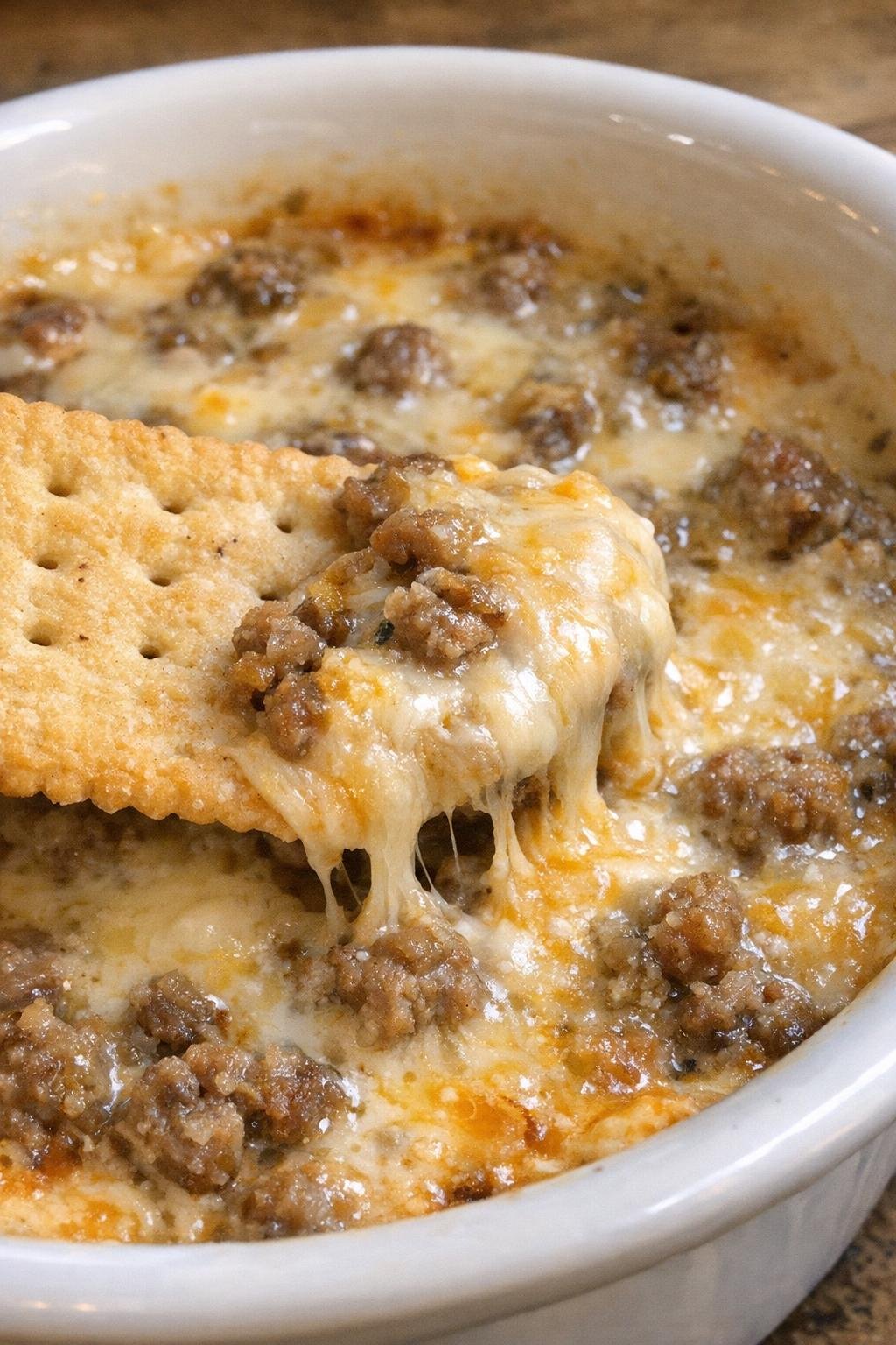 Close-up of sausage Beaumont dip in a white ceramic dish with a cracker scooping through melted cheese
