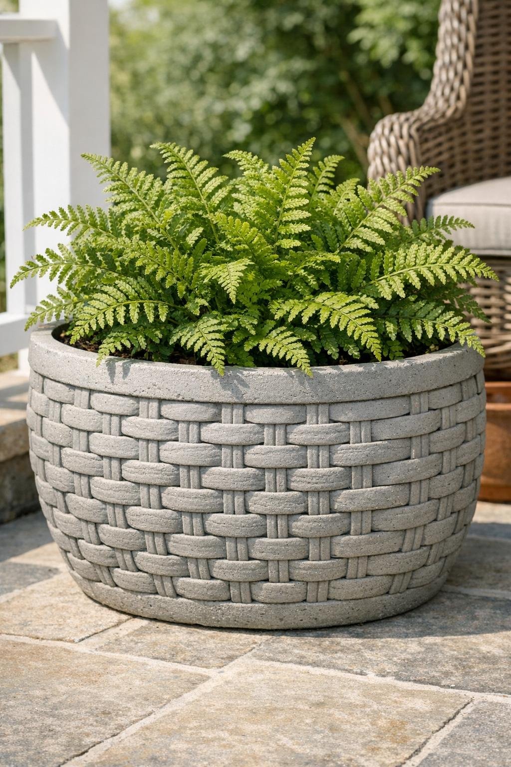 Finished cement basket-weave garden planter with a lush plant