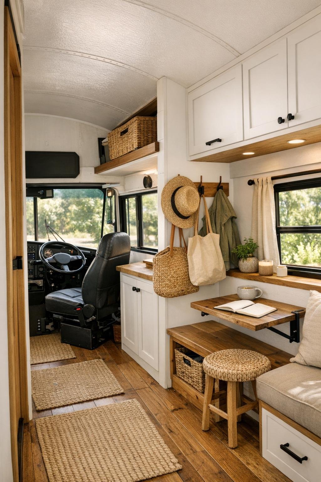 Functional bus entry and multipurpose area with built-in storage and warm details