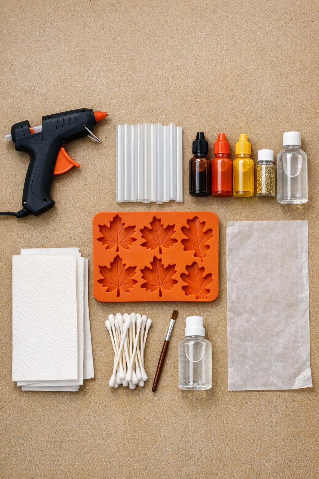 Materials for making hot glue leaf window clings laid out on a craft table