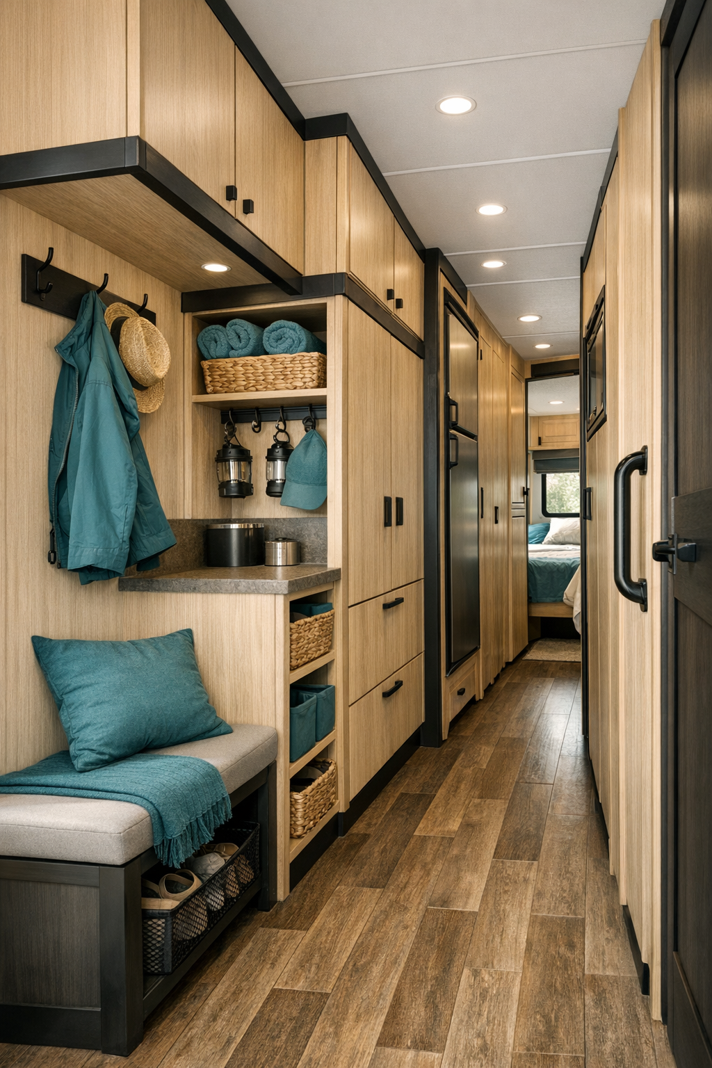 RV camper utility and hallway area with built-in storage, pale wood cabinetry, and matte black steel accents