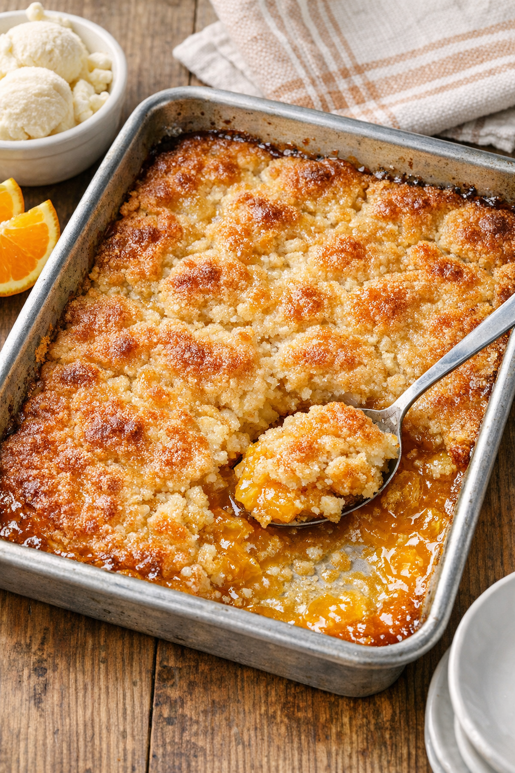 Finished baked orange cobbler dessert in sheet pan
