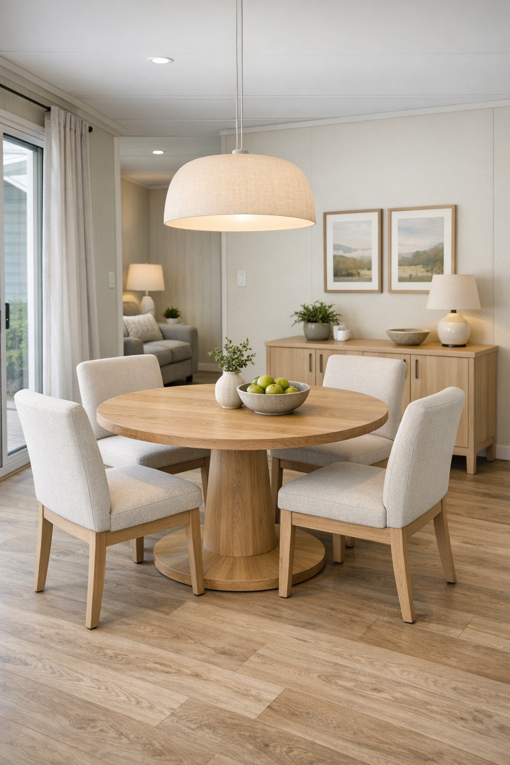 Simple modern dining room with a round pedestal table, upholstered chairs, soft pendant lighting, and light wood finishes
