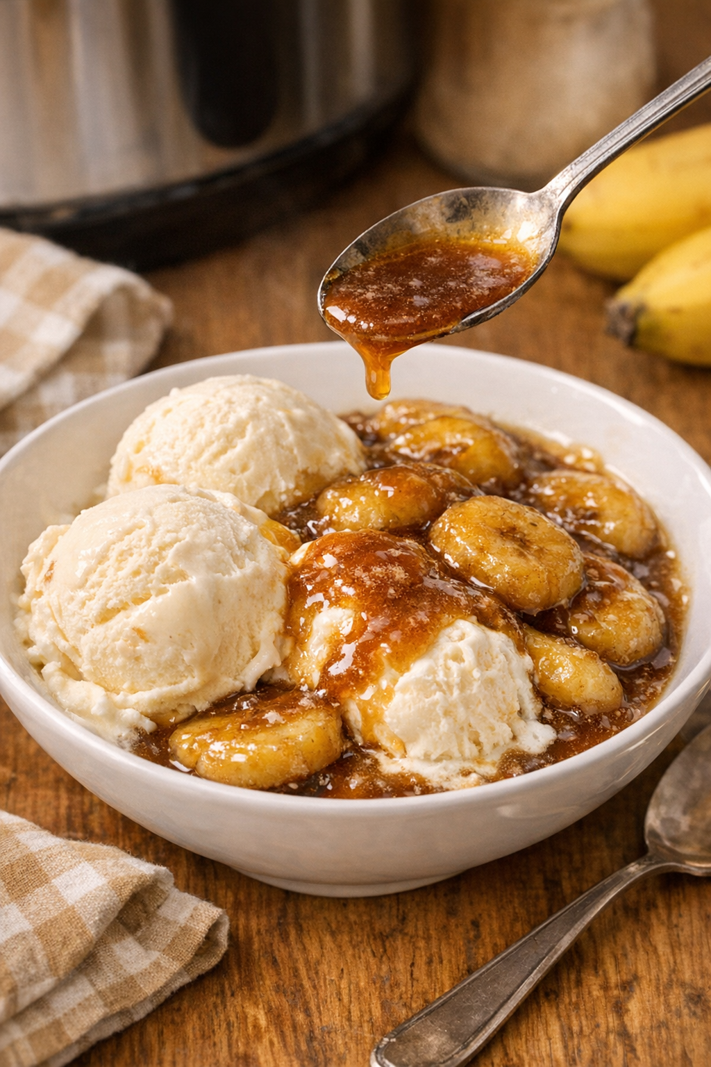 Slow cooker bananas foster served over vanilla ice cream