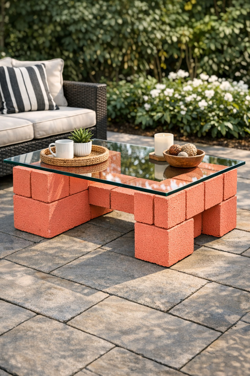 Finished outdoor coffee table with coral cinder block base and glass top