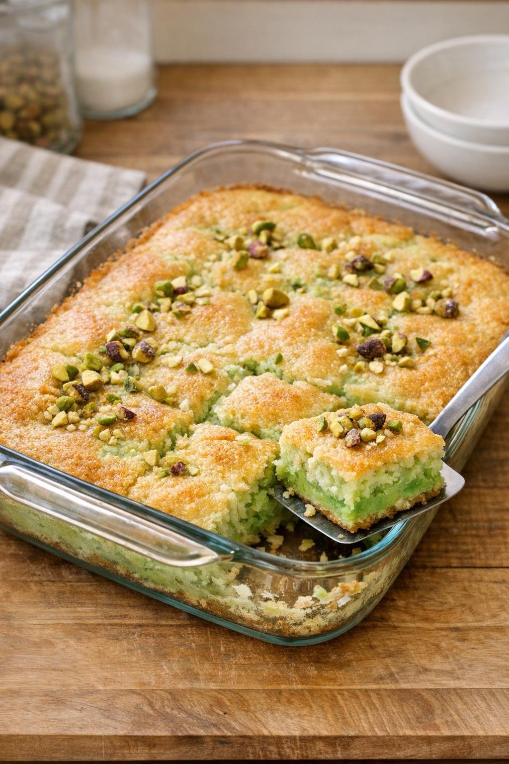 Finished baked pistachio dessert in a glass baking dish