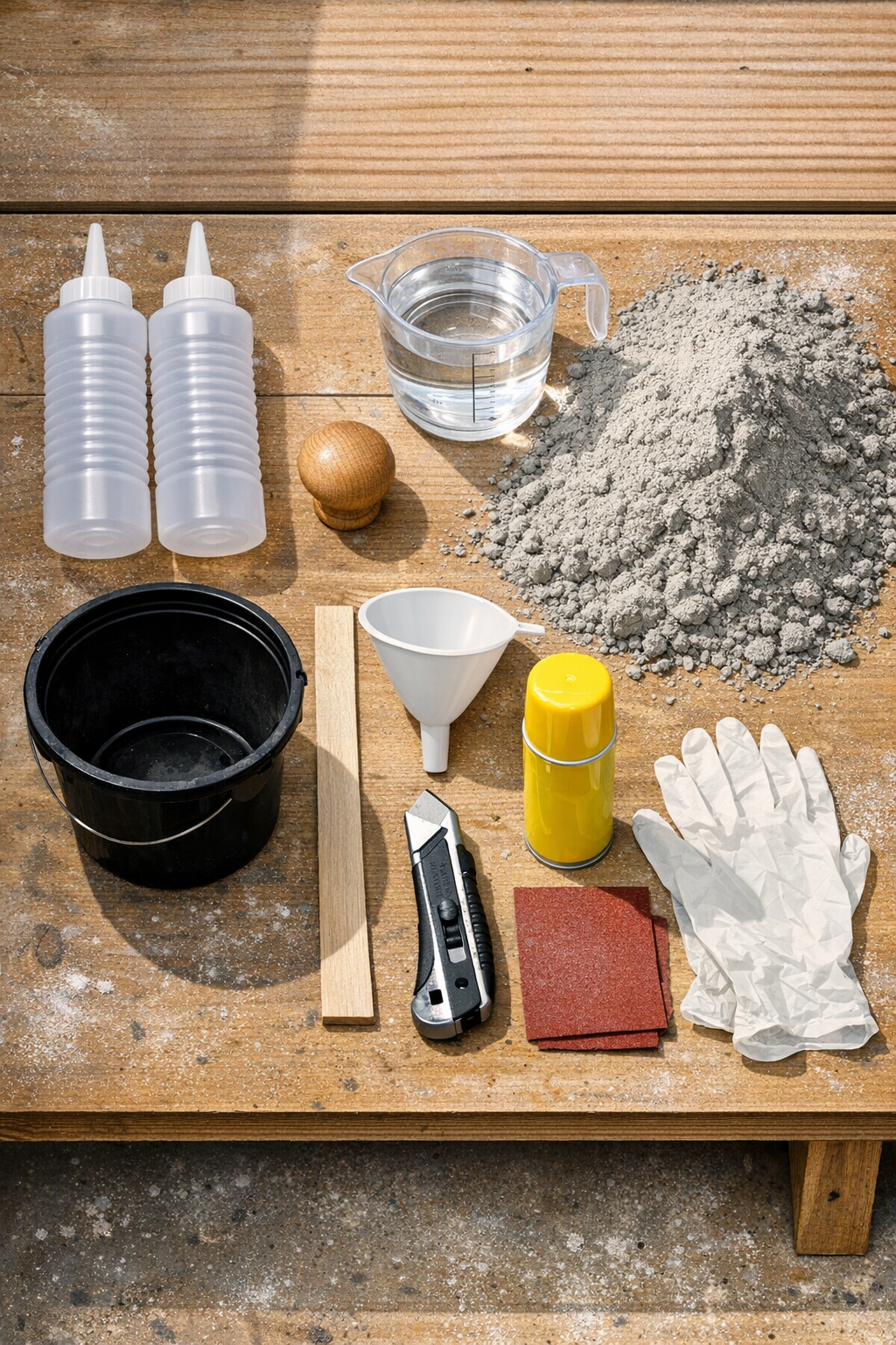Materials for making ribbed cement yard finials laid out together