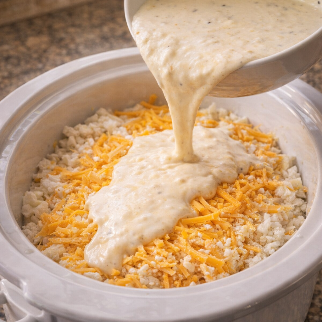 Layering hash browns cheese and sauce in the slow cooker