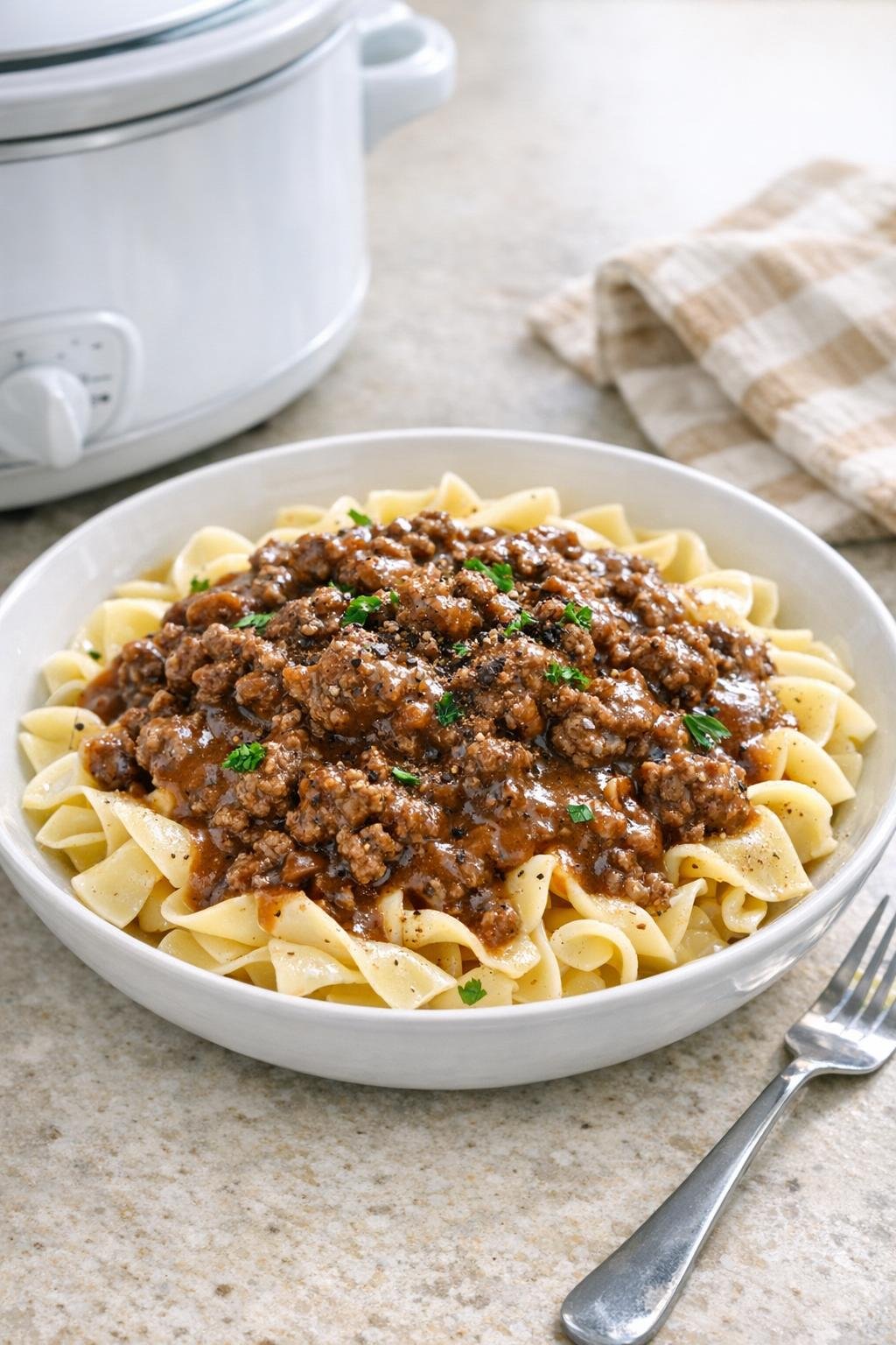 Finished bowl of beef and gravy over egg noodles