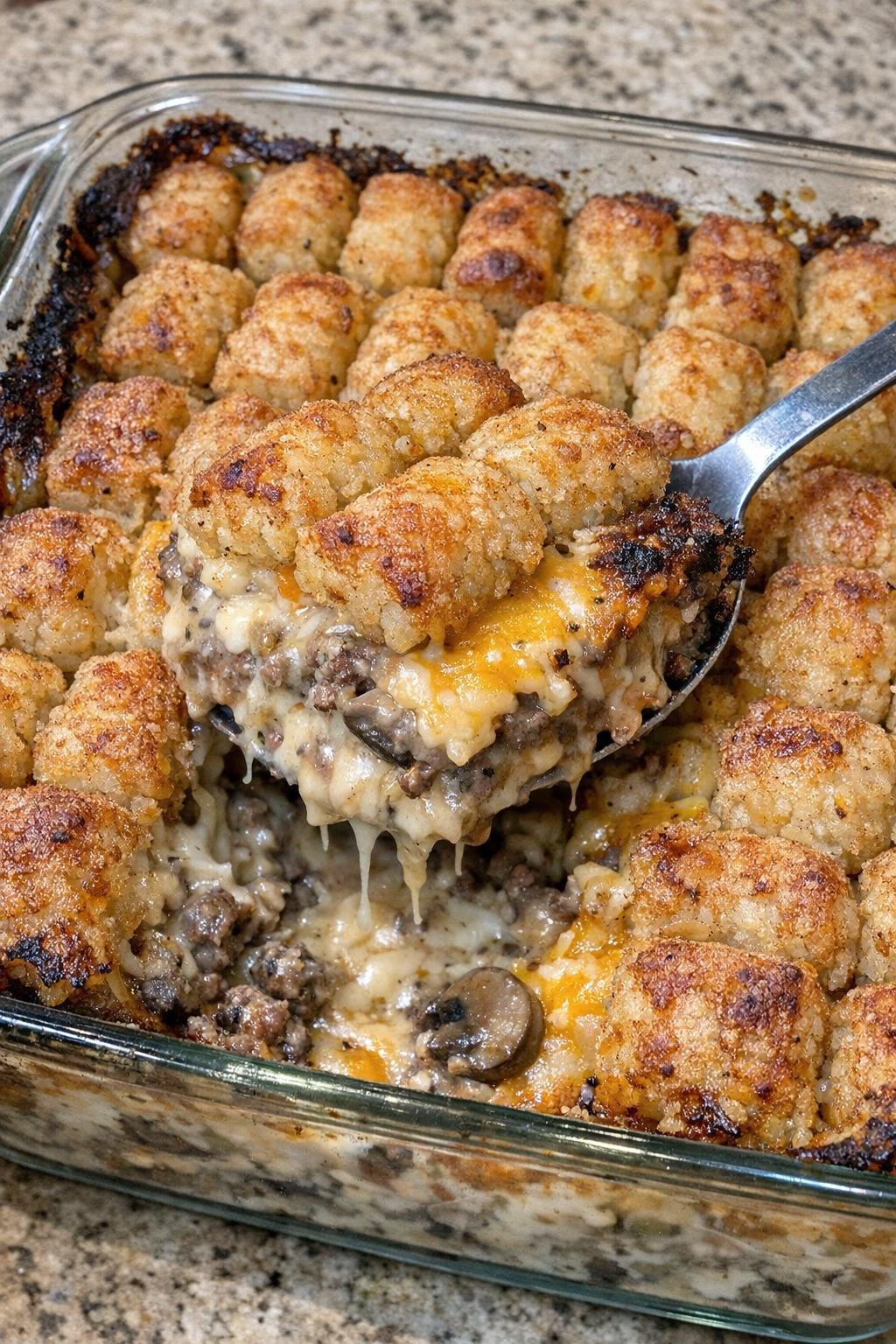 Crispy tater tot casserole in a glass baking dish