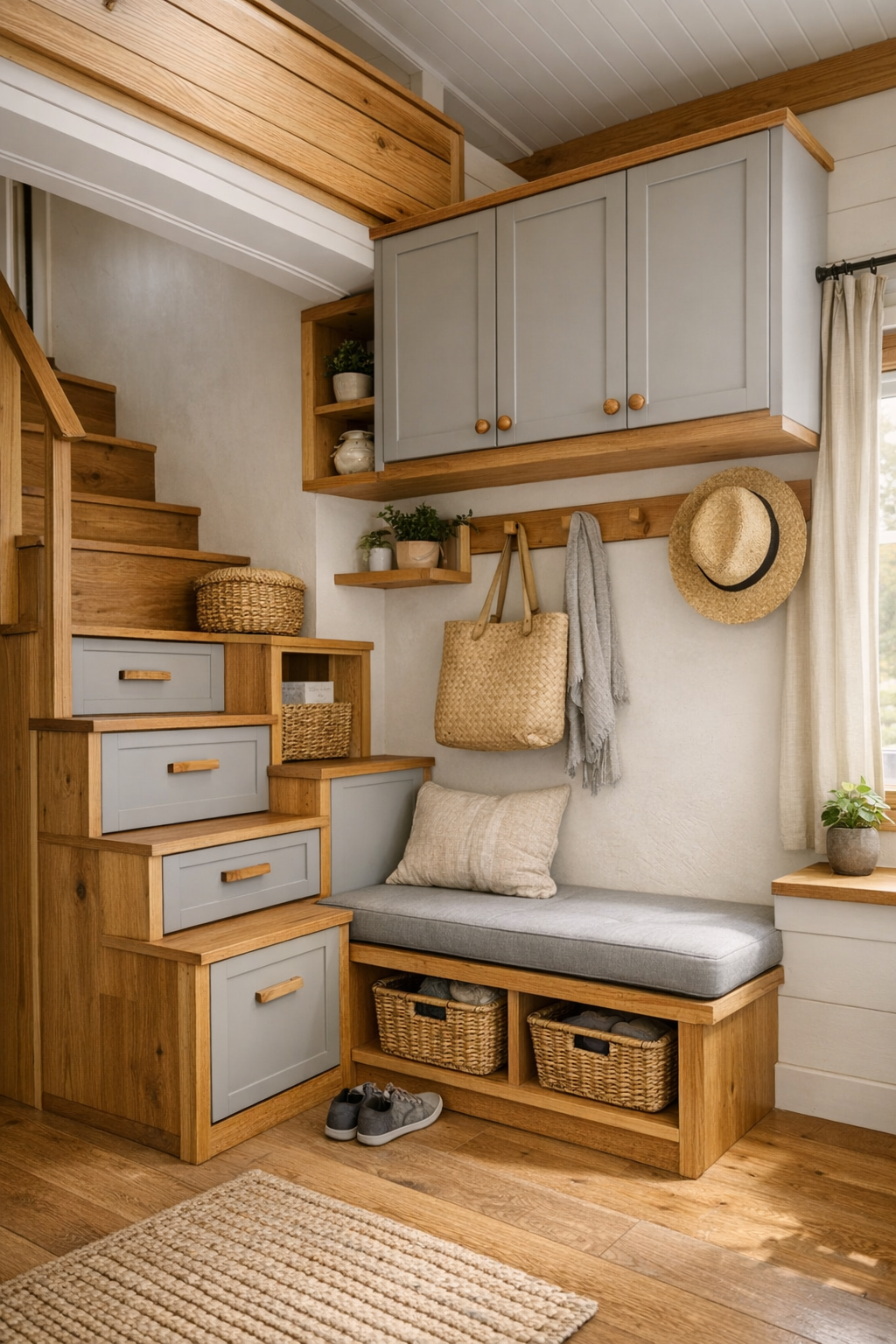 Smartly designed tiny home transition area with built-in storage, stairs, and handcrafted wood details
