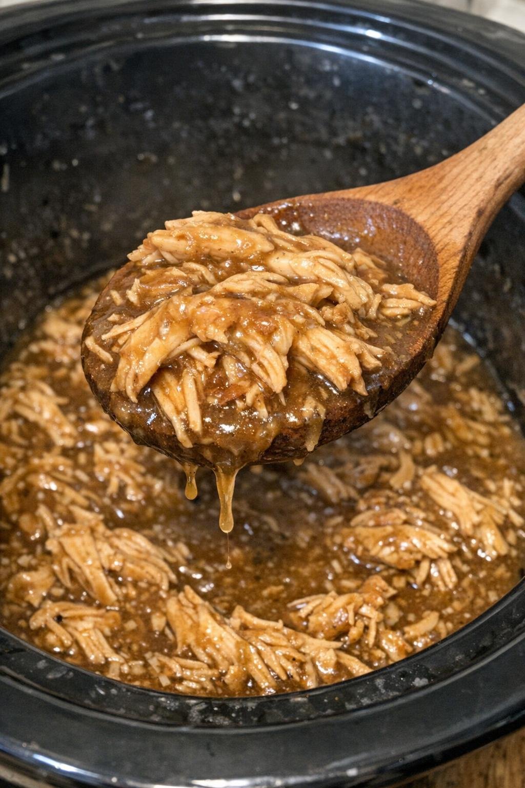 Tender pulled chicken in brown gravy in a slow cooker
