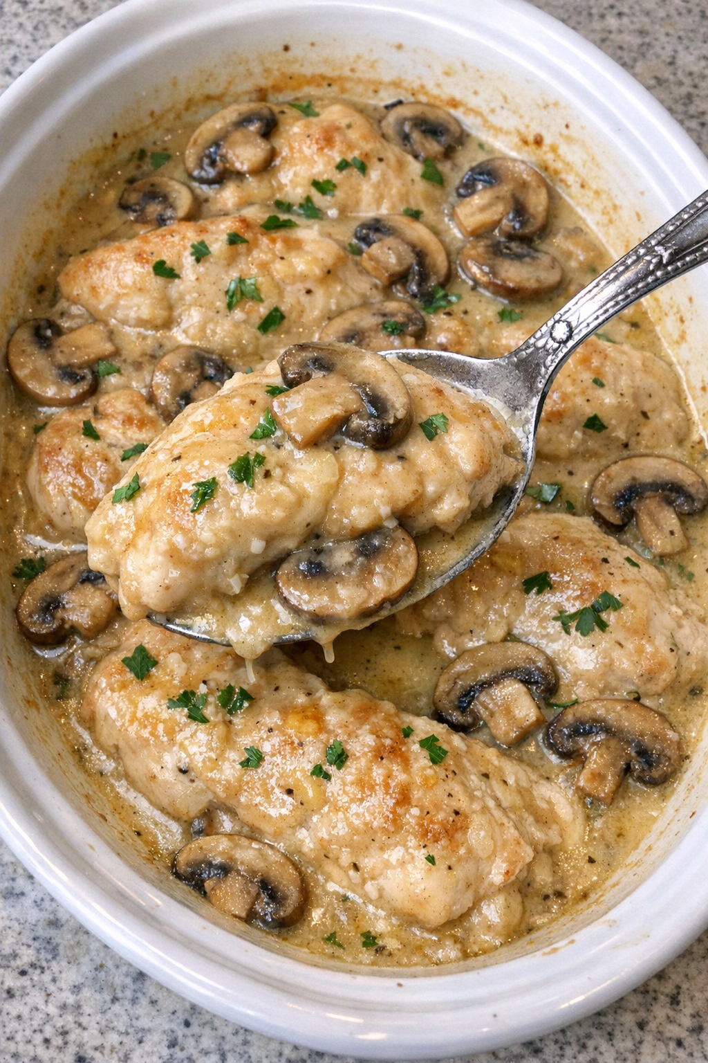Chicken in sherry cream sauce with mushrooms in an oval casserole