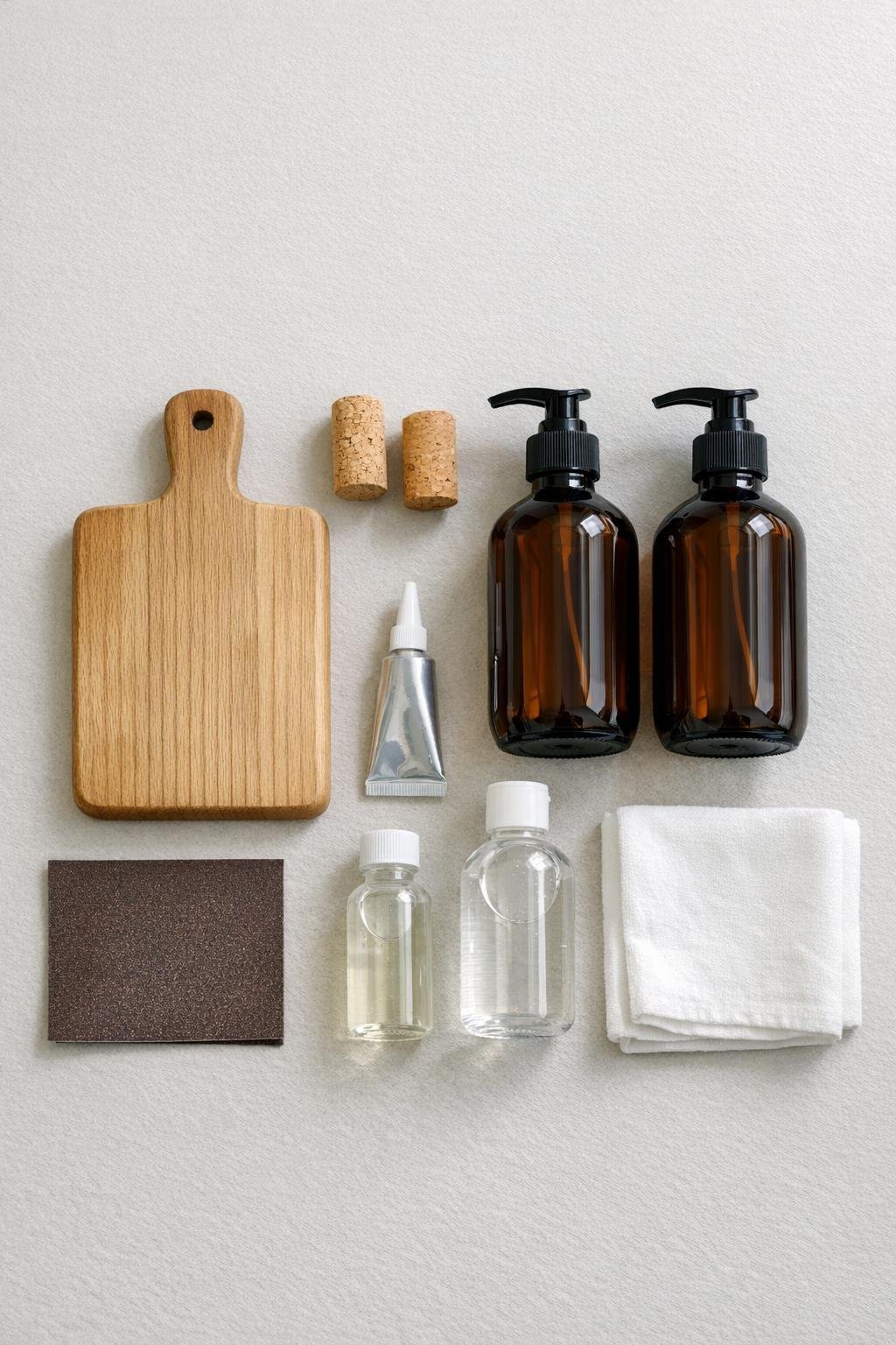 Materials for a wooden bathroom soap dispenser tray laid out neatly