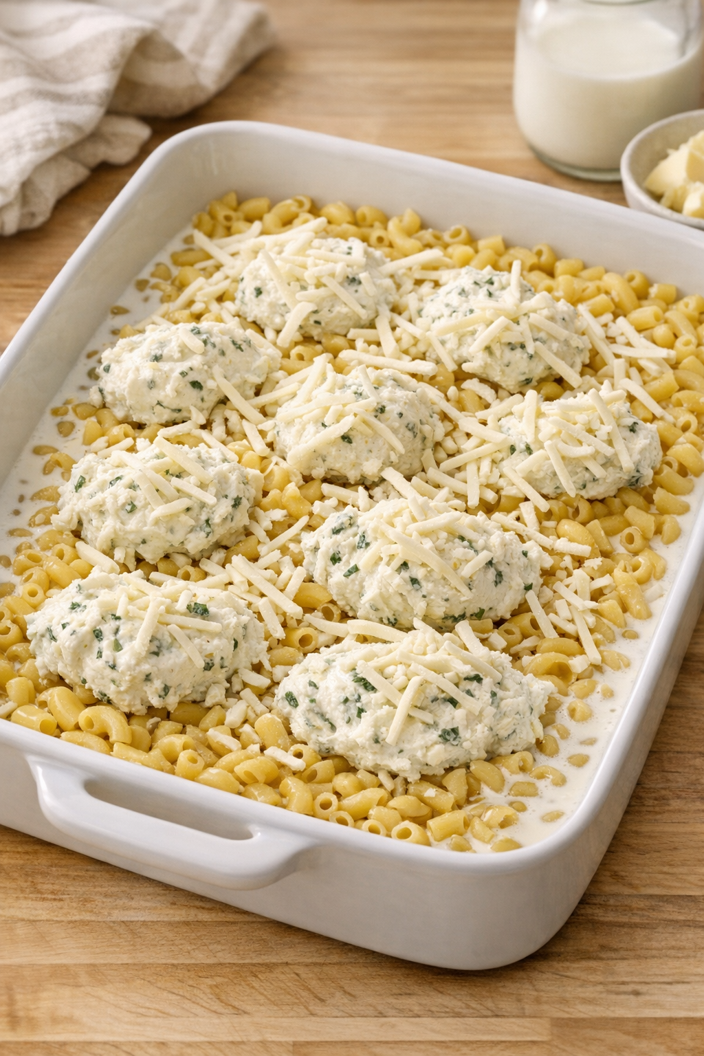 Milk and shredded mozzarella added to the baking dish