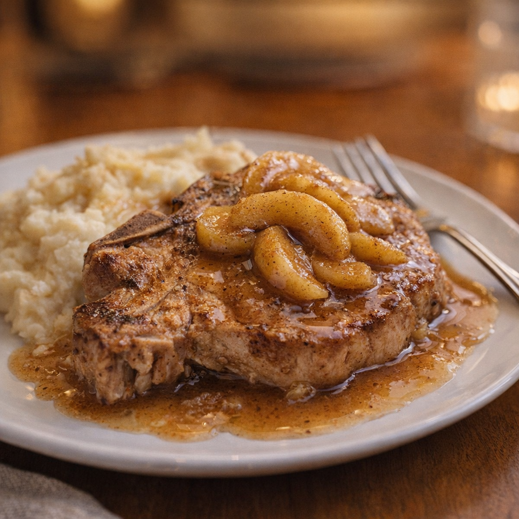 Plated pork chop with apples and sauce