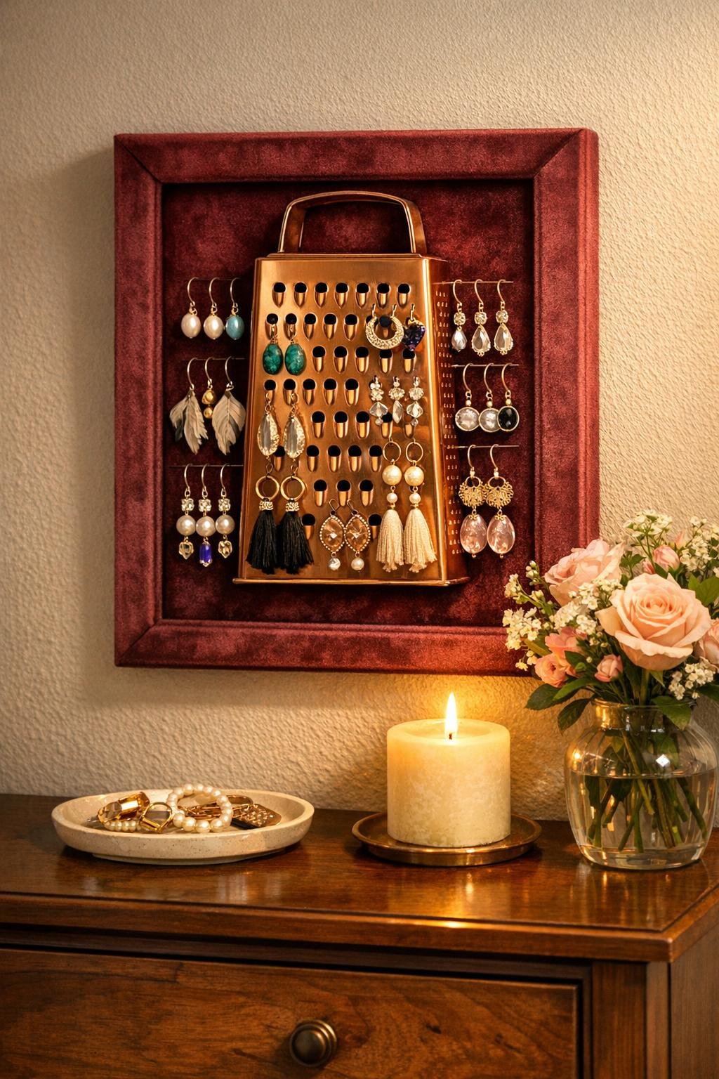 Finished framed earring display made with a copper cheese grater and burgundy velvet