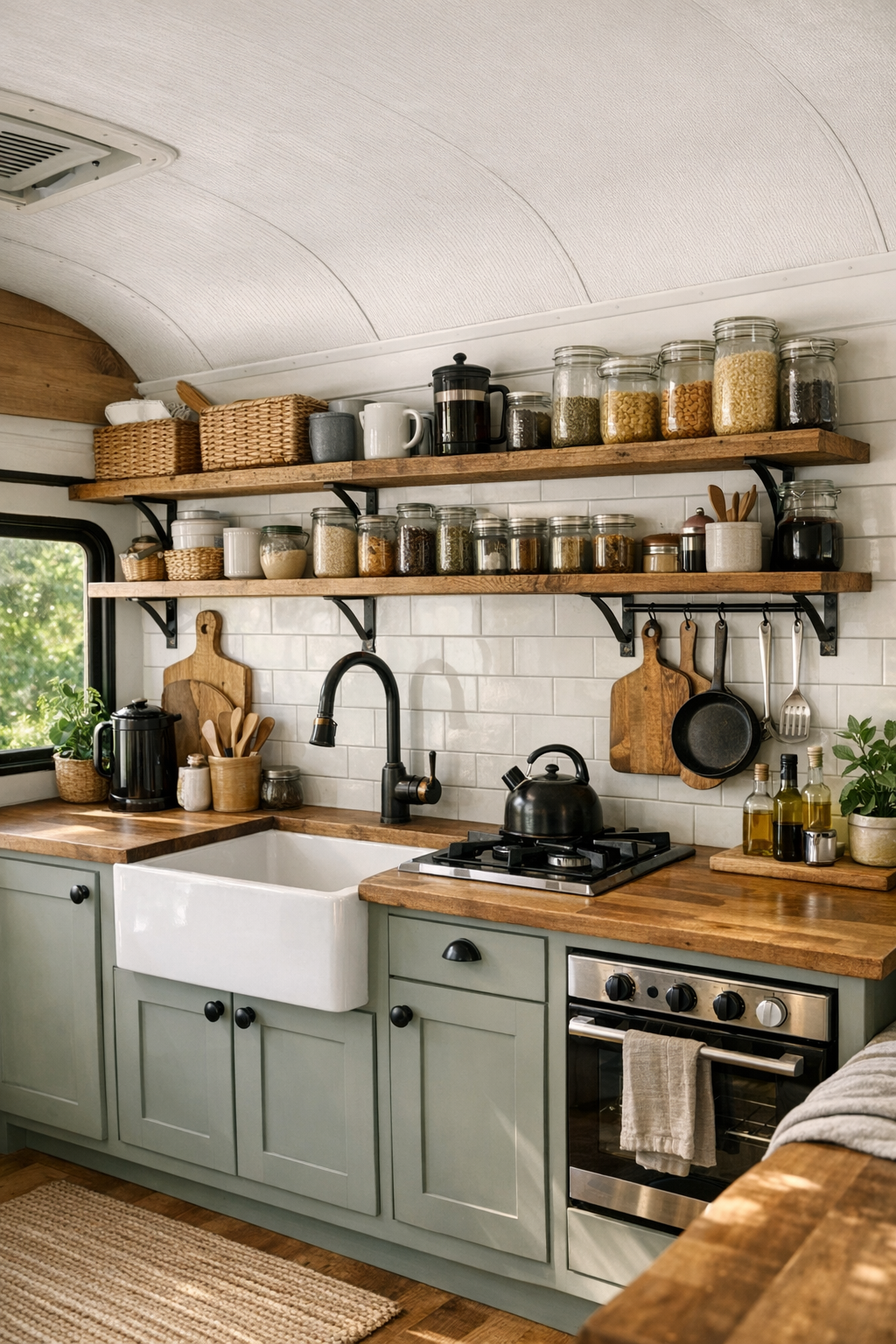 Sage green kitchen in a converted bus with butcher block counters and open shelving