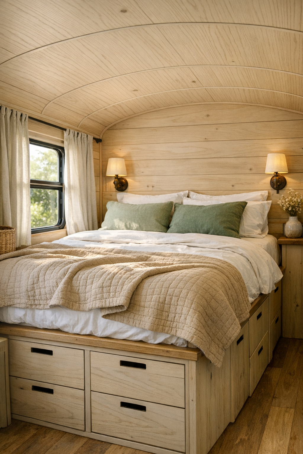 Peaceful bus bedroom with platform bed, soft linens, and built-in storage
