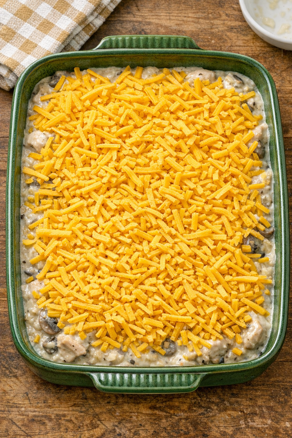 Shredded cheddar cheese covering the casserole before baking