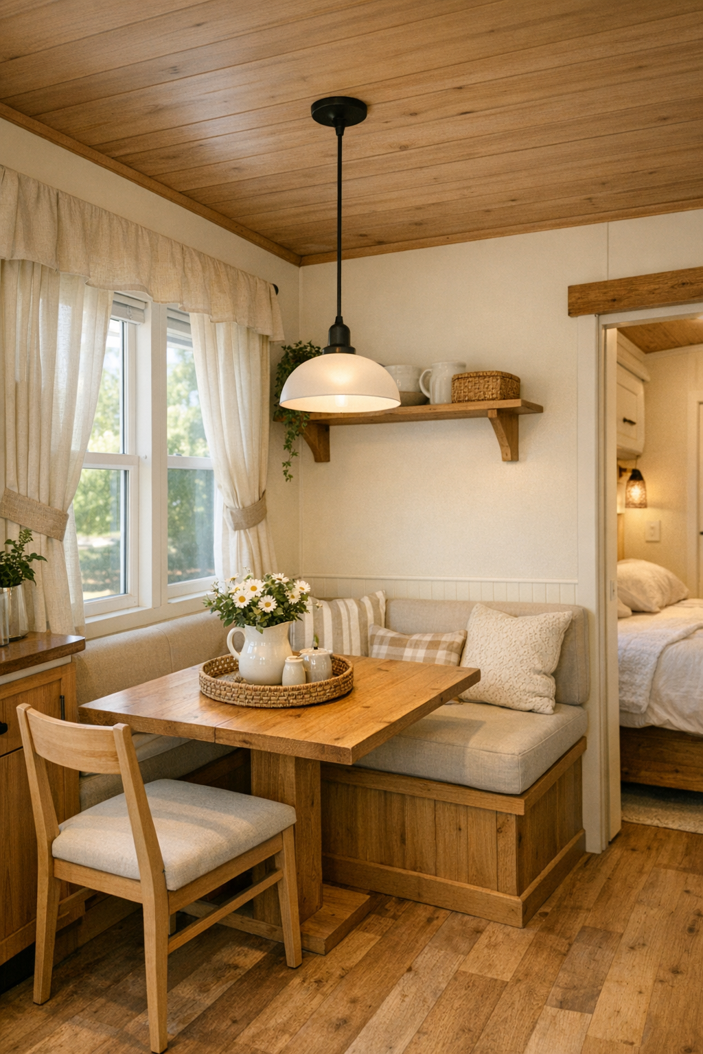 Small cottage dining nook with a wood table, slim chairs, and soft natural light