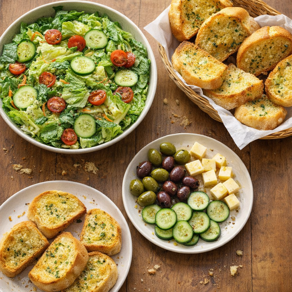 Simple family-style pasta sides with salad and garlic bread