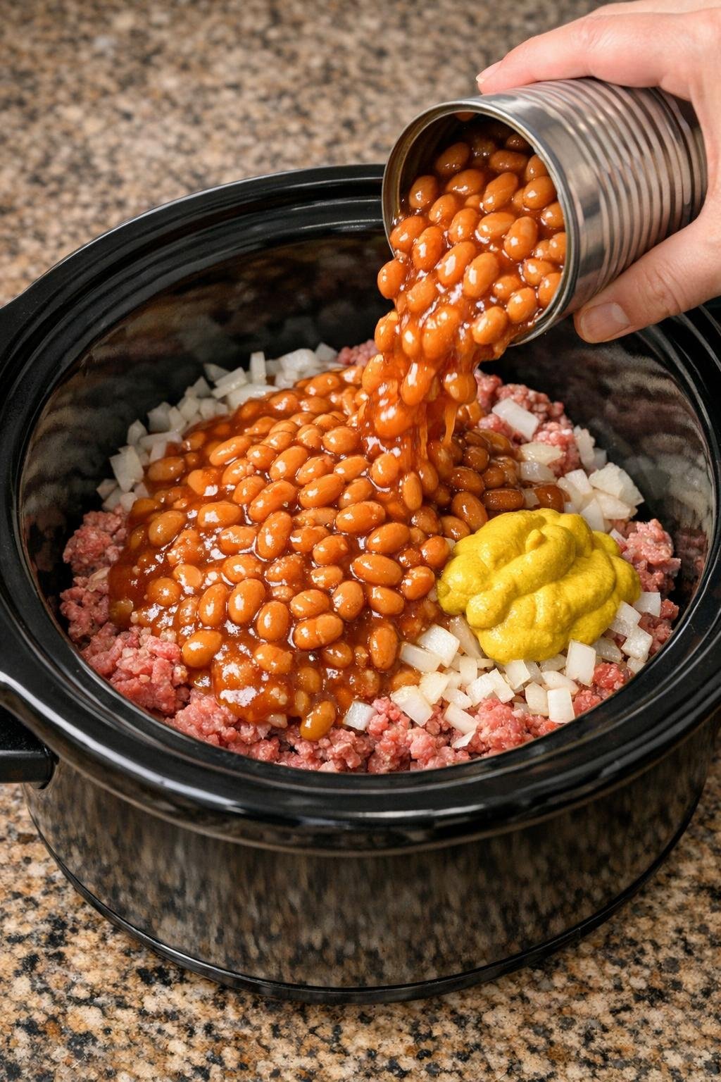 Baked beans and mustard added over raw beef in the slow cooker