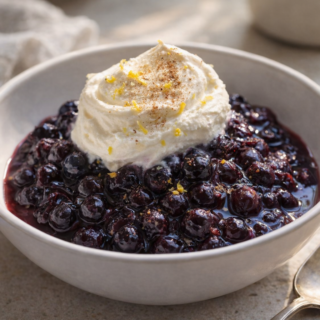 Blueberry dessert served with whipped cream and citrus zest