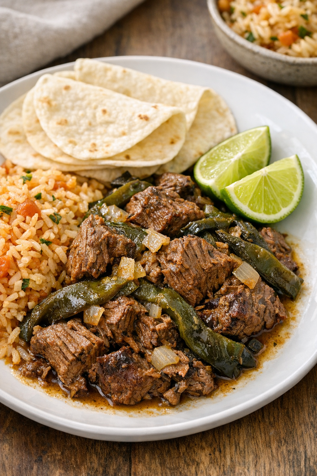 Plated beef and poblano foil packet dinner with sides
