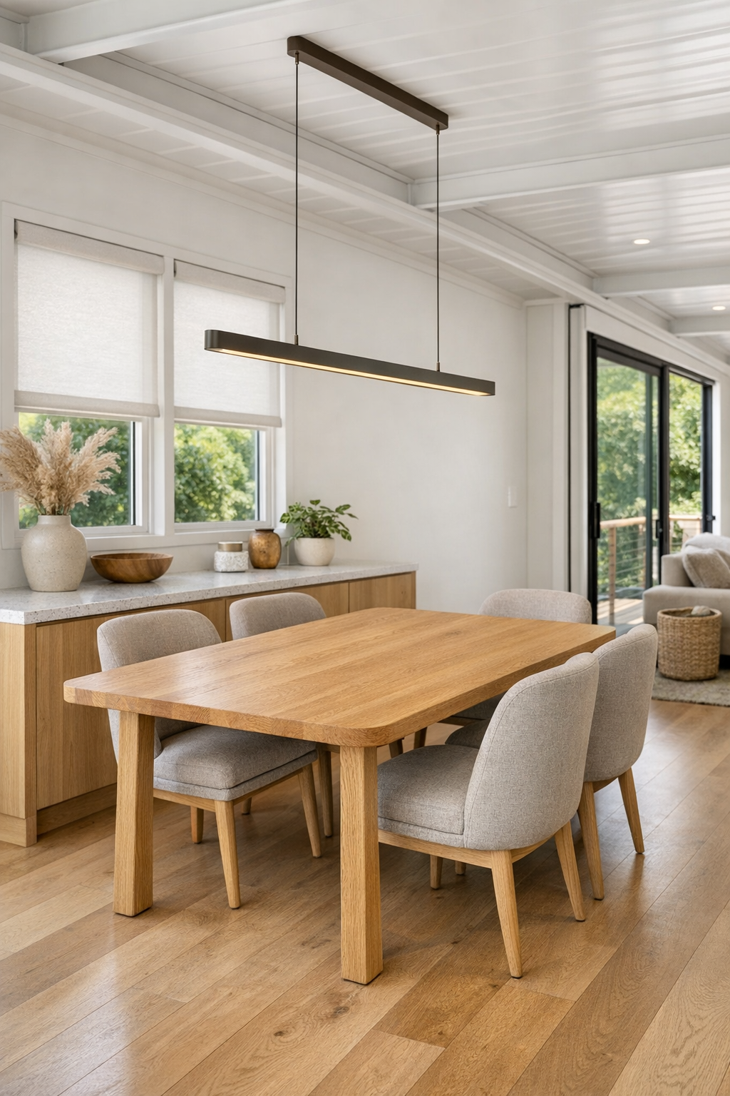 Accessible dining room with oak table and upholstered chairs