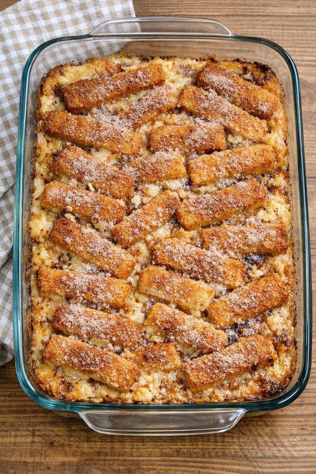 Baked French toast stick dessert in a glass baking dish