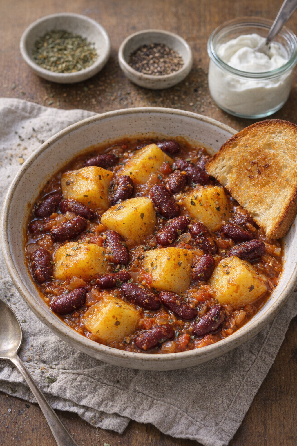 Een kom stoofpot geserveerd met toast en eenvoudige ingrediënten uit de voorraadkast.