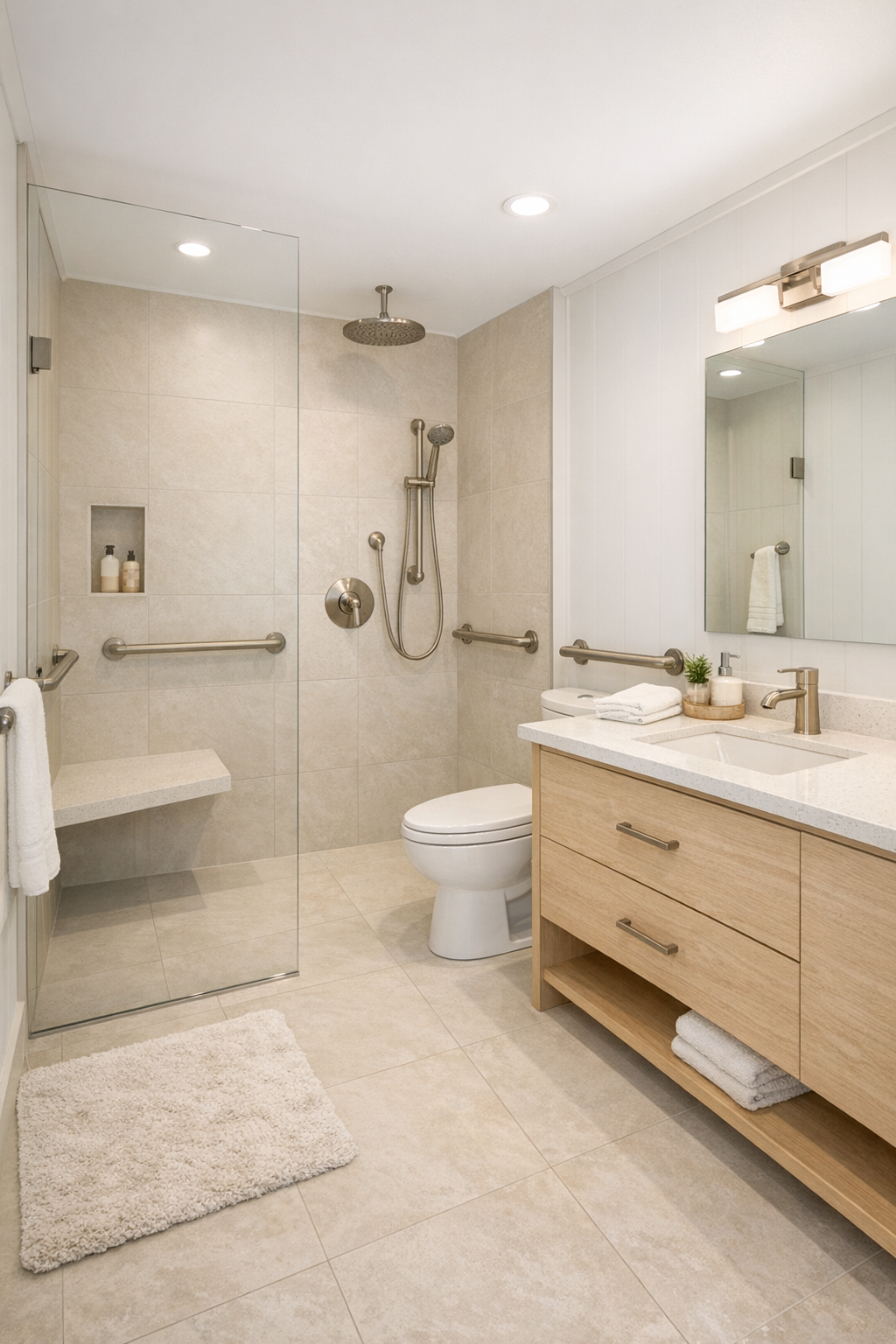 Accessible bathroom with curbless shower and warm light finishes