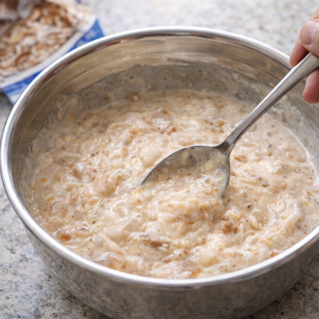 Soup mixture being stirred in a small bowl