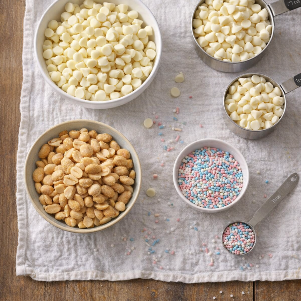 Ingredients for white chocolate peanut clusters laid out on a table