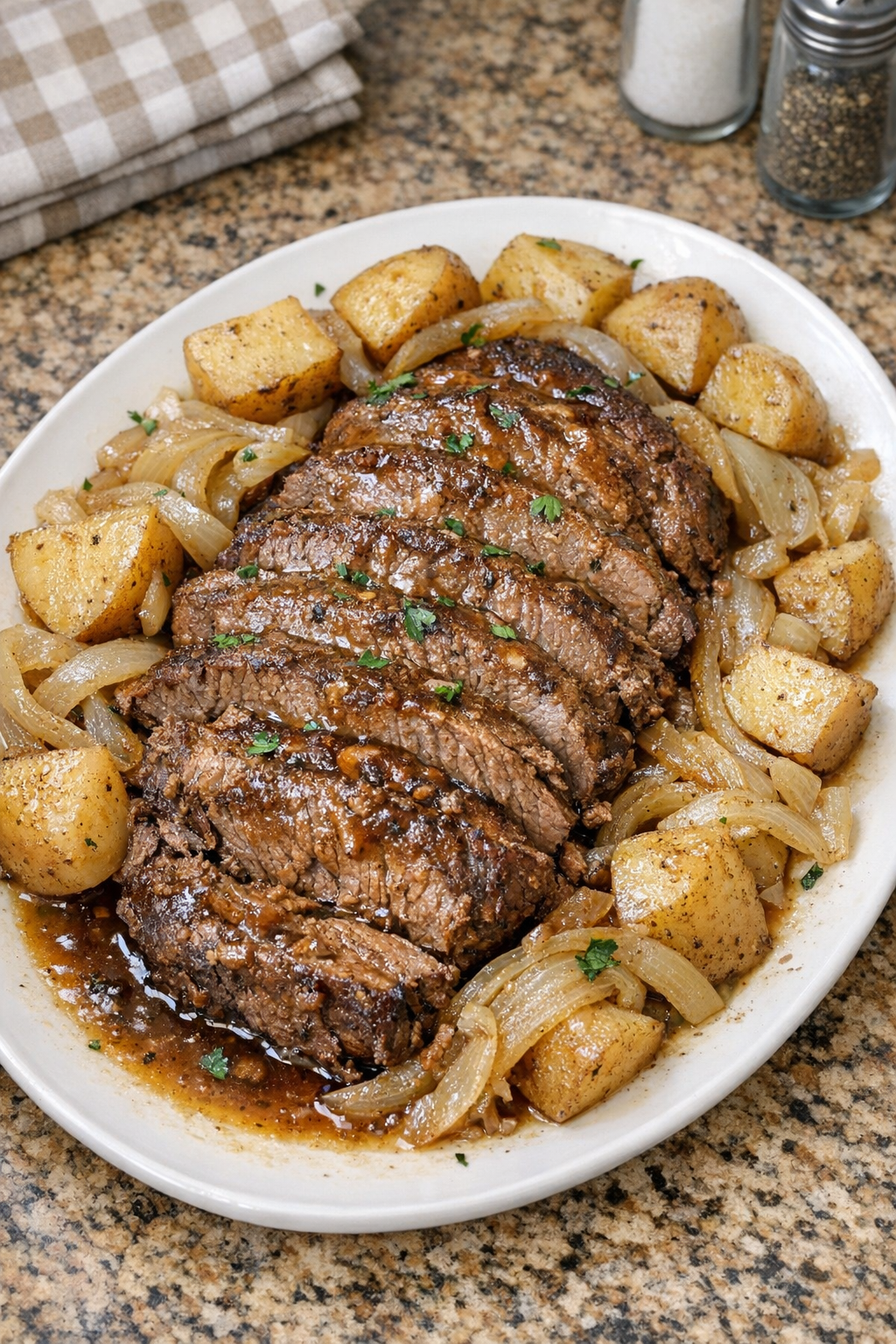Finished Amish-style slow cooker beef roast on a platter