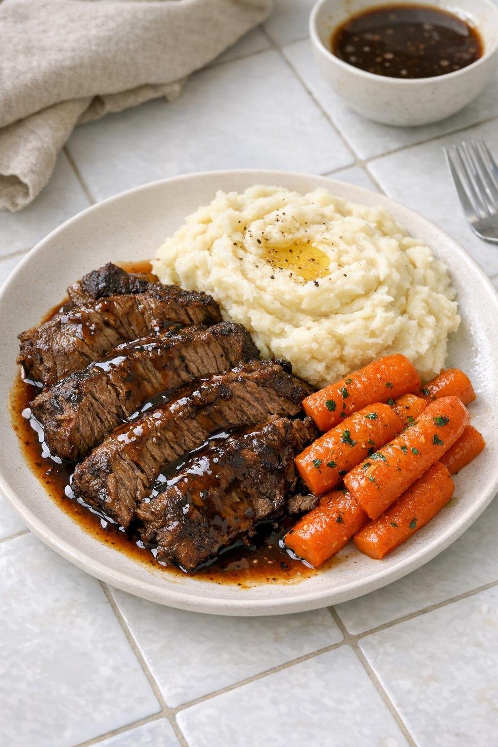 Finished coffee beef roast plated with rich juices