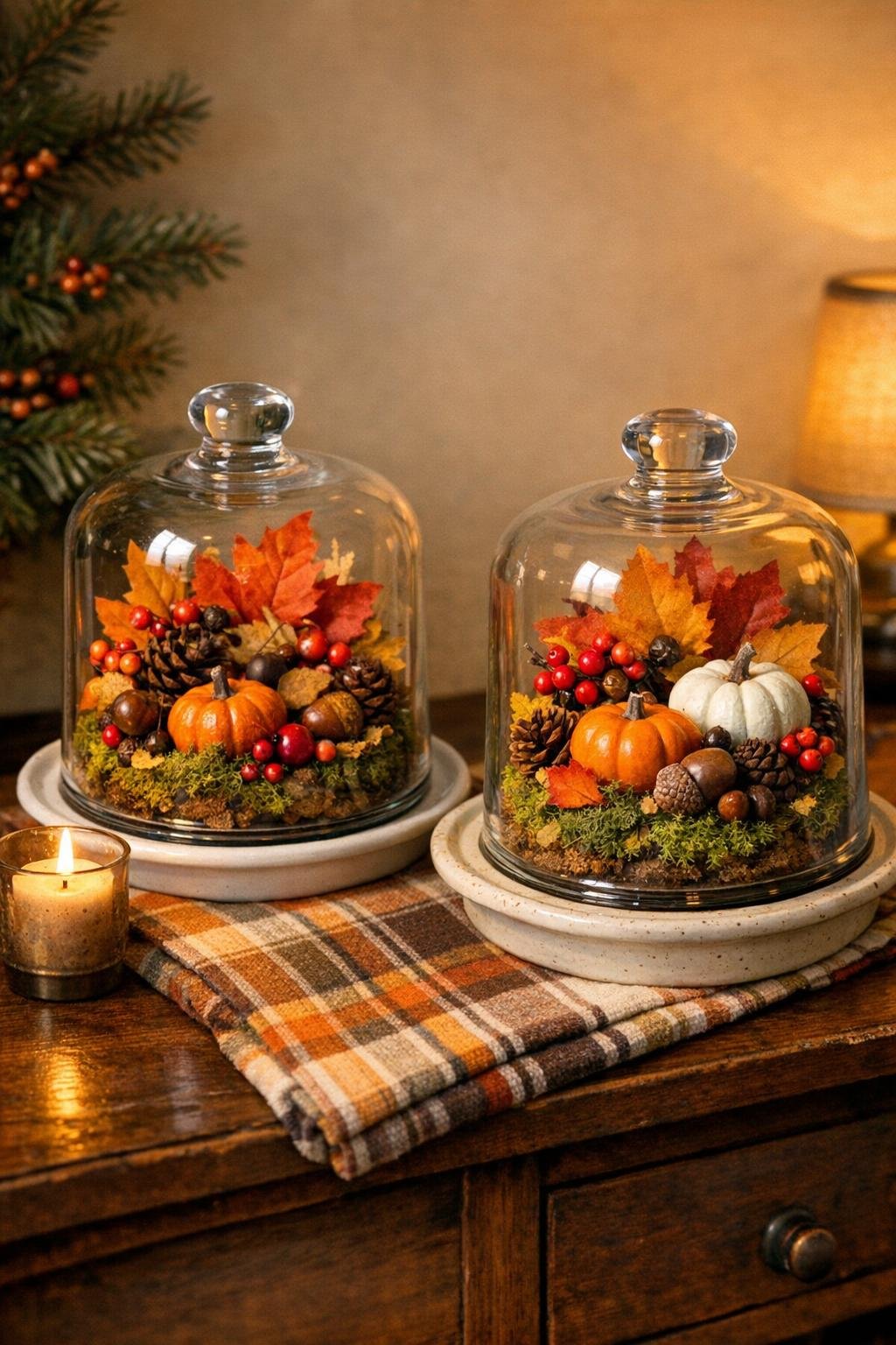 Finished fall terrarium cloches made from thrifted glass cheese domes