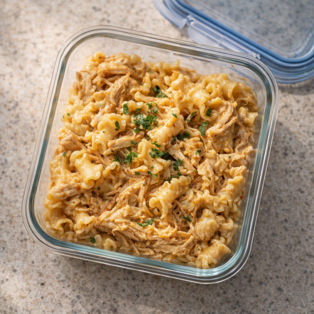 Leftover campanelle packed for meal prep