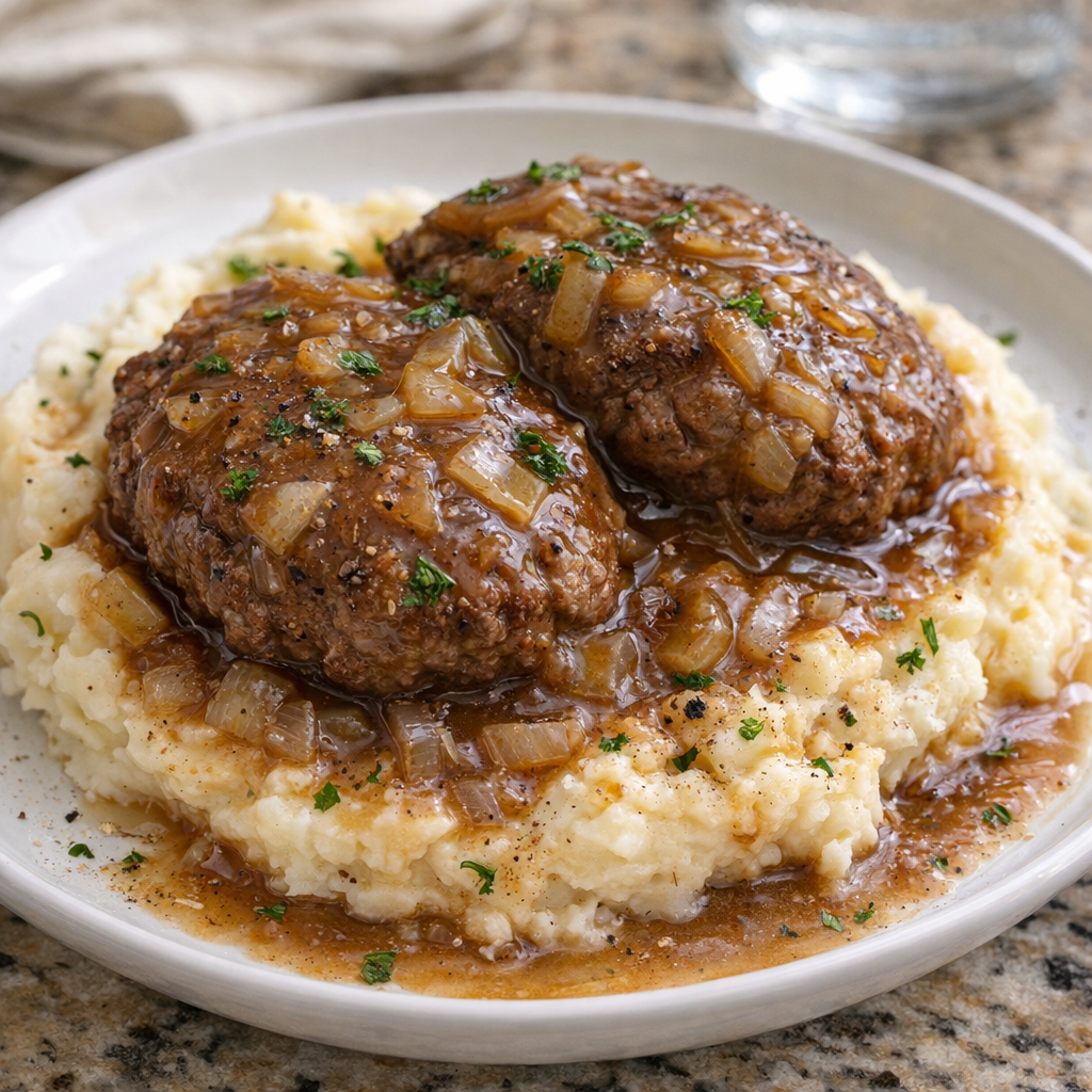 Slow cooker hamburger steaks served over mashed potatoes