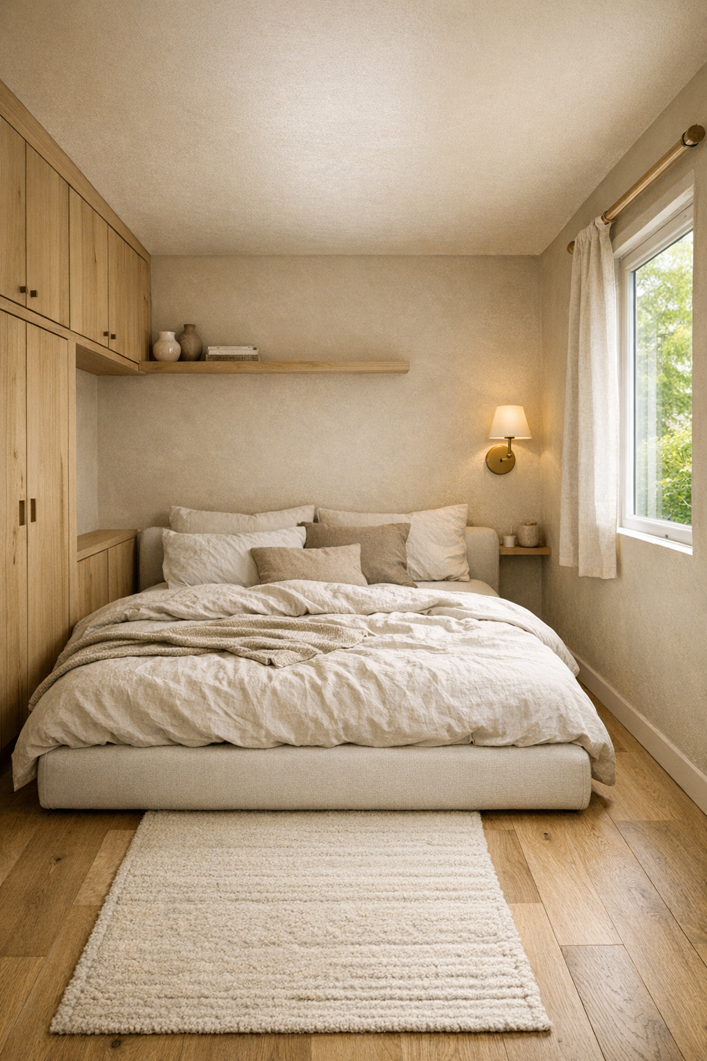 Calm tiny home bedroom with upholstered bed, built-in storage, and layered neutral textiles