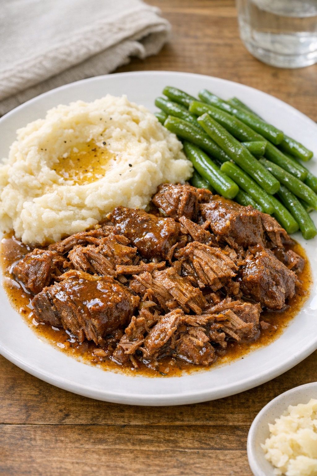 Finished slow cooker beef plated with sauce
