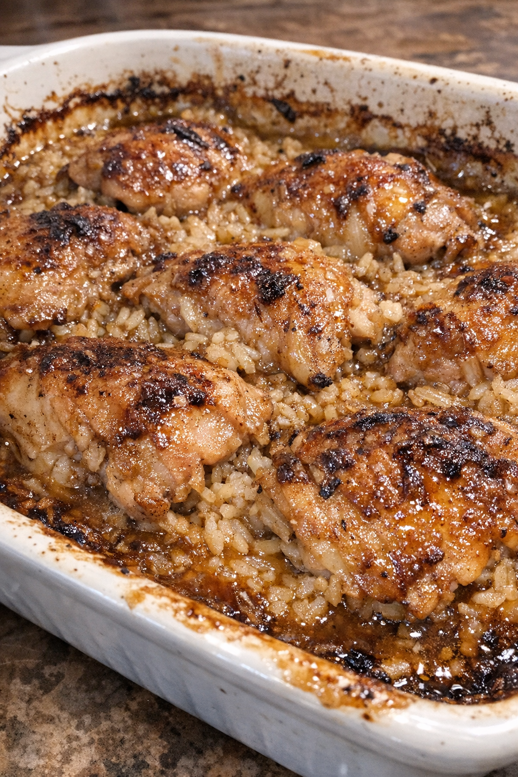 Bubbling glossy casserole in a ceramic baking dish