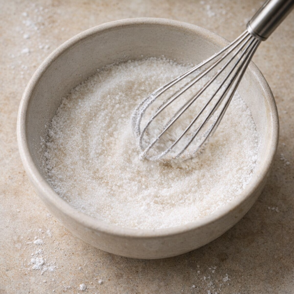 Sugar and cornstarch being whisked in a small bowl