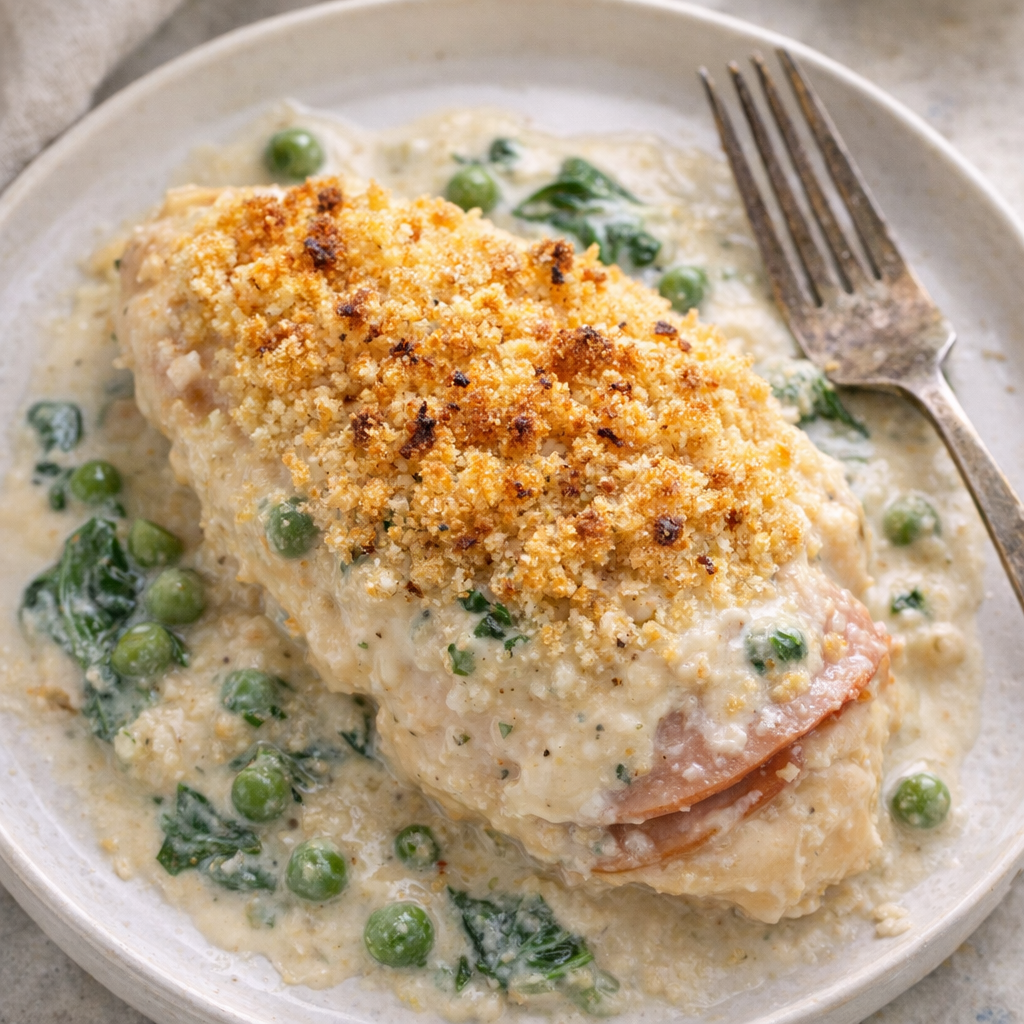 Chicken cordon bleu with breadcrumb topping variation